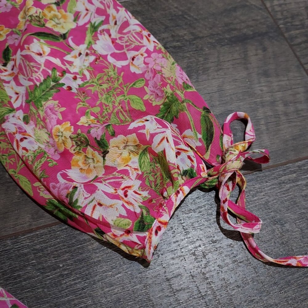 Fairycore Taylor Pink Floral 3/4 Sleeve V-Neck Button Ruffle Smocked Mini Dress - Picture 5 of 13